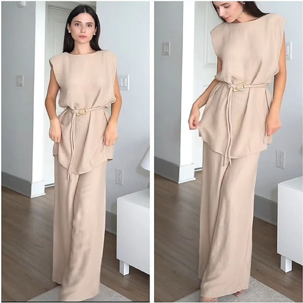 Zara Set 2 Pc belted Top and Wide Pants Size S